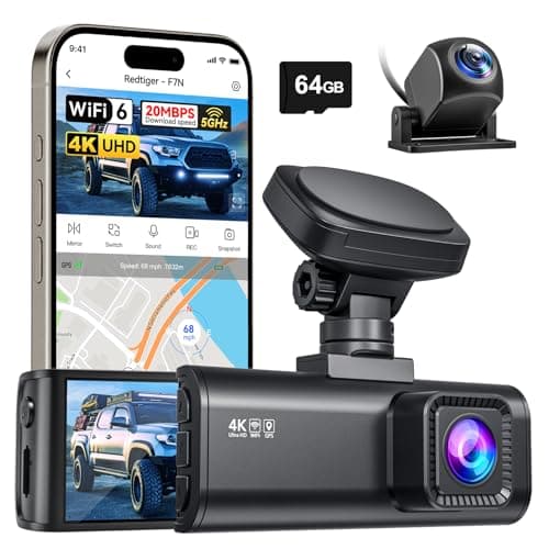 REDTIGER F7N 4K Dual Dash Cam, 5.8GHz WiFi-20 MB/s Fast Transfer, 64GB Card, Front 4K/2.5K and Rear 1080P Dash Camera for Cars with 3.18'' Screen, Precise GPS, Parking Monitor, Support 256GB Max