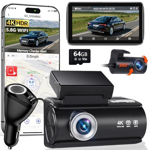 Faninso Dash Cam Front and Rear, 4K Full HD Dual Dash Camera for Cars, Built-in Memory Card Monitoring, 64GB Card, 5G WiFi GPS, Car Camera with 3" IPS Screen, 2160P Night Vision, 24H Parking Monitor
