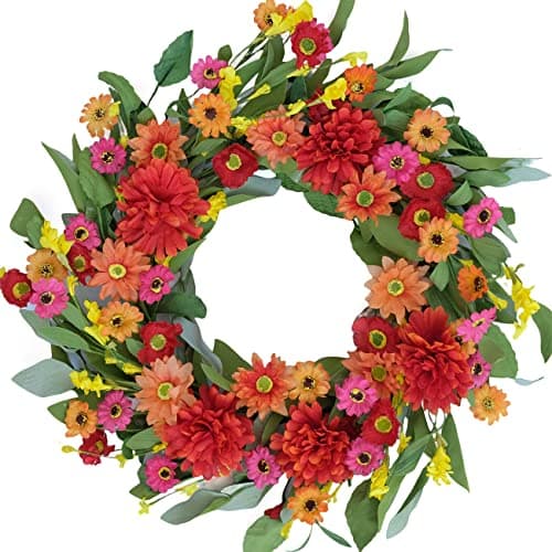 Idyllic 20 Inches Spring Summer Wreath for Front Door, Bright Floral Wreath- Artificial Colorful Daisy and Green Leaves Wreath for Summer Indoor Decor
