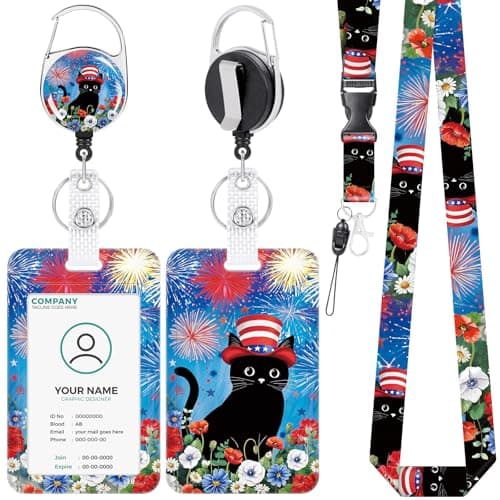 Anseal Black Cat Flower Lanyards for Id Badges, 4th of July Patriots Personalized Retractable Badge Holders with Keychain, Id Card Holder Vertical ID Protector Clips for Women Nurse Teacher Student
