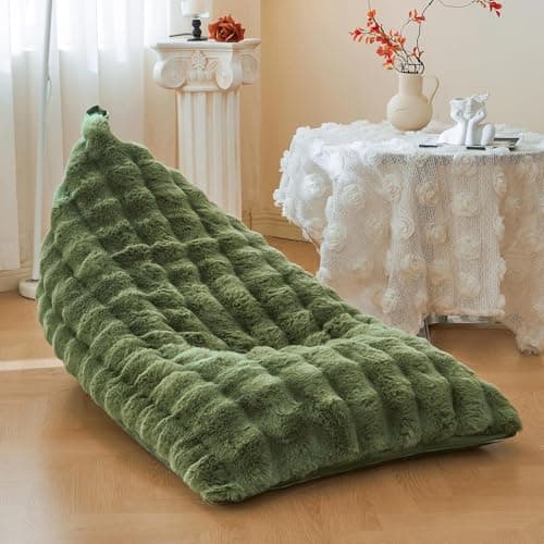 LIFEREVO Faux Rabbit Fur Stuffed Animal Bean Bag Storage (No Filler), Soft Waffle Bubble Beanbag Chair Cover for Kids Teens, Furry Floor Lounger Plush Toys Organizer Living Room Bedroom, Sage Green