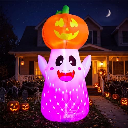 Joiedomi 5FT Tall Halloween Inflatable Ghost Pumpkin with 3-Pattern Colorful Rotating Flashing Lights, Cute Halloween Blow Up Ghost Yard Decorations for Lawn Garden Indoor Outdoor Decor