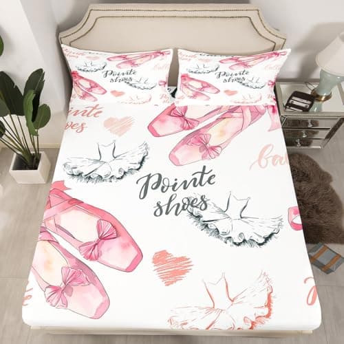 Girls Ballet Fitted Sheet & Pillow Sham Set Kids Ballet Shoes Fitted Sheet for Boys Teens Decor Girly Dancer Bedding Set Modern Trendy Pink White Bed Cover 2Pcs Twin Size…