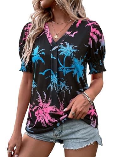 ZXZY Womens Hawaiian Tops and Blouse Ruffle Short Sleeve Floral Shirts Neon