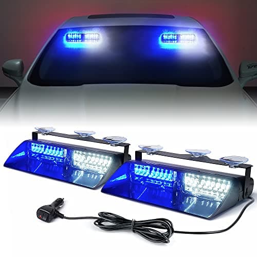 Xprite 2-in-1 High Intensity 32 LED Emergency Strobe Dash Lights Interior Windshield Flashing Light w/Suction Cups for Construction Vehicles Towing Work Trucks Plows Pickup Truck-White Blue