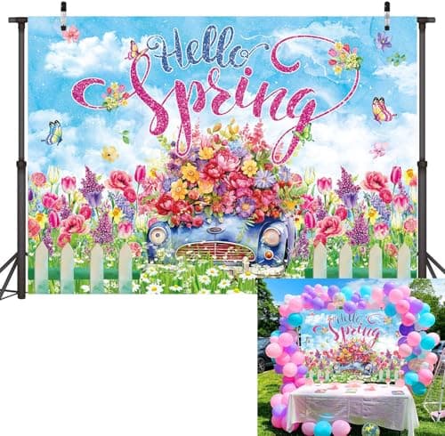 Hello Spring Backdrop Colorful Flower Butterfly Tulip Photography Background Spring Garden Easter Holiday Party Decorations Banner Photo Supplies (82x59inch(7x5FT))