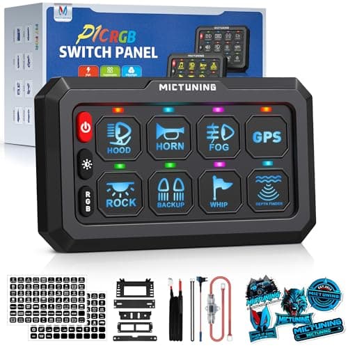 MICTUNING P1C RGB 8 Gang Switch Panel, IP67 Waterproof 4 Control Modes LED Control Panel Box Electronic Relay System Switch Box Universal for Car Boat Marine Caravan, 2 Years Warranty