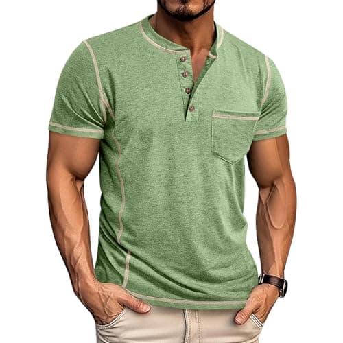 Angbater Men’s Henley Shirts Short Sleeve Casual Button Basic Tee Shirts Summer Lightweight T Shirts with Pocket Green