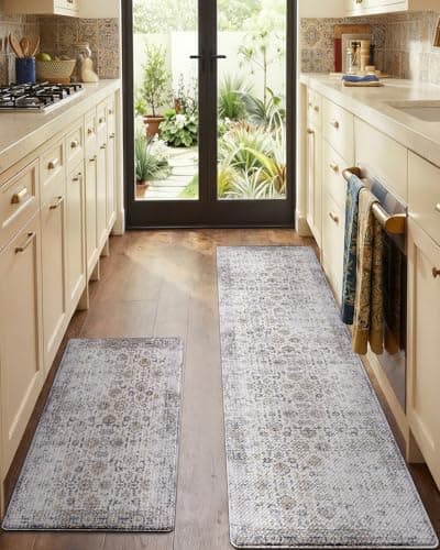 LUMI Anti Fatigue Kitchen Mats Set of 2, 17"x30"+17"x59" Cushioned Standing Runner Rug, Waterproof Non-Slip Padded Floor Mat for Sink, Laundry & Office, Brown