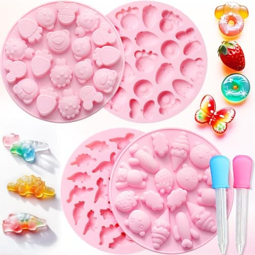 4 Pack Silicone Gummy Molds,Candy Silicone Mold Includes Dinosaur, Bear,Donut, Butterfly, Lion,carrot,Strawberries,cactus,Ice cream,cloud Chocolate Molds Silicone for Candy Gummy Baking with 2 Dropper