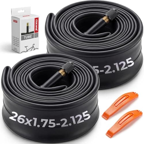 JUCEO 26" x 1.75/1.95/2.10/2.125 Bike Tube 2 Pack with 2 Tire Levers, Standard Butyl Rubber Inner Tube, Low Heat High Stretch, 35mm Schrader Valve, Leak Resistant, Easy Install for Road/MTB