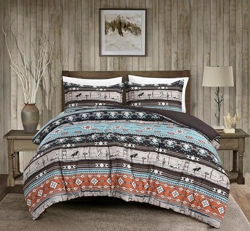 Chezmoi Collection Sawyer 3-Piece Southwestern Cowboys Rodeo Comforter Set - Multicolor Blue Brown Beige Clay Printed Washed Microfiber Bedding, King