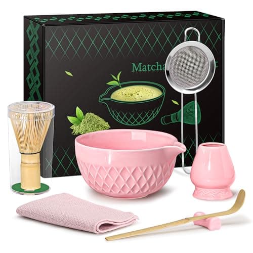 Doasuwish Matcha Whisk Set, 7 Pcs Ceramic Kit, Includes Matcha Bowl with Spout, Matcha Whisk and Holder, Bamboo Scoop, Scoop Rest, Sifter and Tea Towel (Cherry Blossom Pink)
