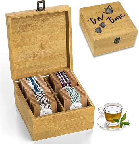 Zen Earth Inspired Bamboo Tea Organizer Box Chemical Free Eco-Friendly Big, Tall, Adjustable Cubbies Natural Wooden Storage Chest (4-Slot Square 7.4" x 8.1" x 4.2" Tea Time)