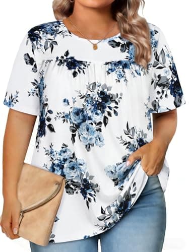 Womens Plus Size Tops Short Sleeve Summer Tunic Casual Loose Fit Crewneck Shirts Blouse (White Blue Floral, XL)