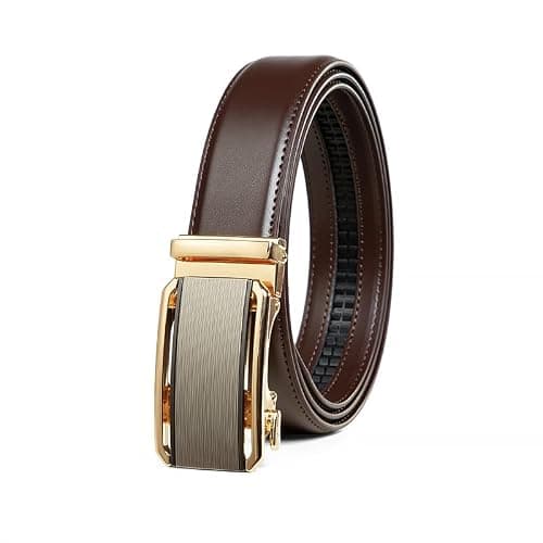Drowsmen Belt men,leather ratchet Strap 1 3/8" with Sliding Automatic Buckle, Adjustable belt Trim to Fit (36"-42" Waist Adjustable, Gold buckle brown Strap)