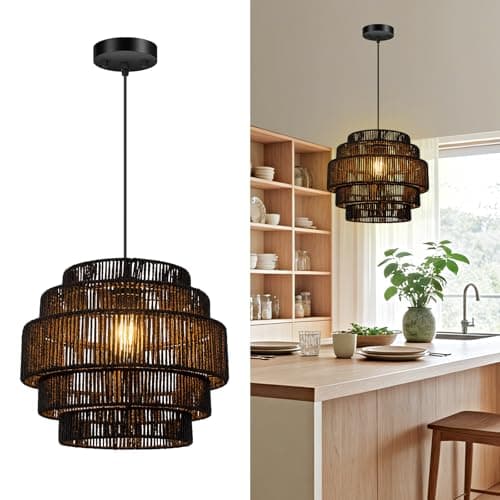 5-Tier Boho Rattan Chandelier Light Fixture, 13” Black Pendant Light with Hand Woven Hemp Rope Lampshade, Small Hanging Lamp for Dining Room,Kitchen Island,Bedroom,Living Room,Entryway, Coastal Decor