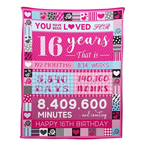 YISUMEI 16 Year Old Girl Birthday Gifts, Pink Love Rose Elements Happy Birthday Blanket, Sweet 16 Gifts for Girls Daughters Sisters Friends, 50"x60"
