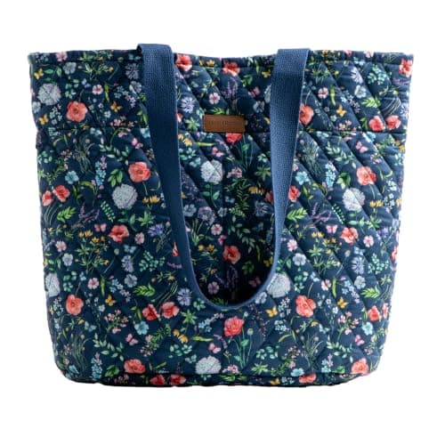 Maison d' Hermine Shopping Bags Cotton Quilted Tote Bag with Zipper Pockets & Small Pouch Reusable Shoulder Bag for Gifts Beach Travel Perfect for Men Women Spring Summer (Just Floral - Blue)
