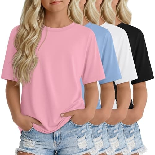 YooAurvox 4 Pack Girls Half Sleeve Shirts Tween Oversized Tops Teens Elbow Length Summer Casual Basic Tee for Kids Aged 5-14(Pink, Sky Blue, White, Black,7-8 Years)