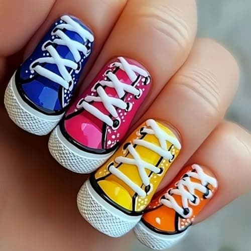 Long Press on Nails with Sneaker Design Blue Pink Yellow Fake Nails Orange White Shoelace Pattern Silver Border Glossy False Nails with Designs Surface Fashion Style Manicure Artificial Nails 24 Pcs