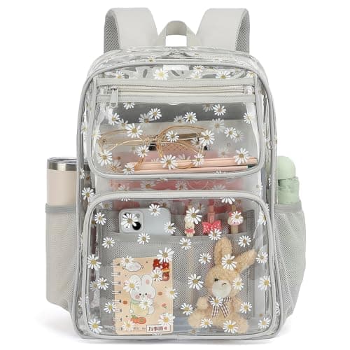 Yusudan Daisy Clear Backpack for Girls Women, Heavy Duty Transparent School Backpack See Through Bookbag (Grey)