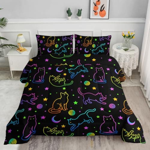 Black Cat Bedding Cartoon Cat Comforter Set Twin,Moon Stars Printed Kids Bedding Set for Boys Girls Adults Room Decor,Kids Comforter Set All Season,1 Quilt 2 Pillow Cases,Neon Color Blue Green