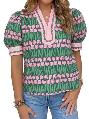 Tankaneo Womens Summer Puff Sleeve Floral V Neck Loose Fit Blouse Tops