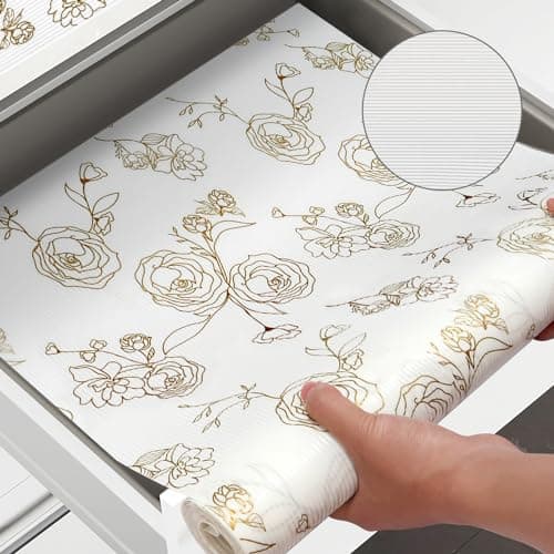Shelf Cabinet Liner for Kitchen- Non Adhesive 17.5In x 20FT Drawer Liner Refrigerator Liner, Premium Waterproof Shelf Paper Protect Surface, Non Slip Easy to Clean Durable EVA Material, Gold Roses