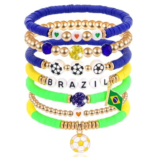 FBBP Brazil Soccer Bracelets for Women, Soccer Stackable Stretch Bracelets, Game Day Sports Party Accessories, Birthday Holiday Gifts for Women Men Friends Sports Fans