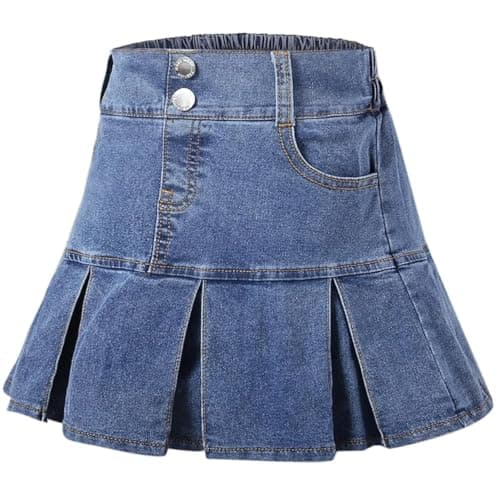 Denim Pleated Skirt, Toddler Little & Big Girl's Jean Mini Skirt，A-line Elastic Waist Casual Skater Skirt, Light Denim Blue, US 10-11 Years