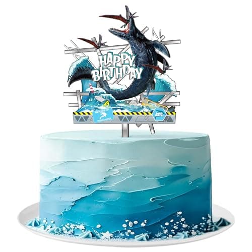 Mosasaurus Dinosaur Acrylic Cake Topper with Happy Birthday Sign