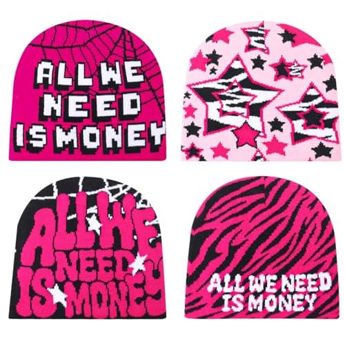 Fingertip WD 4 Pcs Y2k Beanie for Women Men, Gothic Spider Web Pattern Acrylic Knitting Hat Casual Streetwear Outdoor Accessories