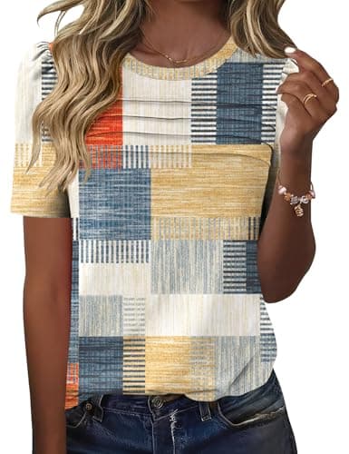 Ivicoer Spring Tops for Women 2026 Puff Sleeve Crewneck Casual Blouses Pleated Front Loose Print Tunics (Colorblock, S)