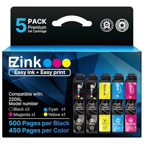 E-Z Ink Remanufactured Ink Cartridge Replacement for Epson 220 XL 220XL T220XL to use with WF-2760 WF-2750 WF-2630 WF-2650 WF-2660 XP-320 XP-420 XP-424(2 Black, 1 Cyan, 1 Magenta, 1 Yellow) 5Pack