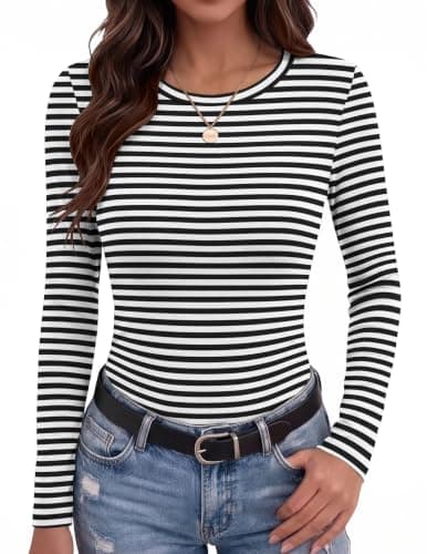 Zeagoo Women Underscrub Long Sleeve Striped Shirt Fall Tops Casual Tees