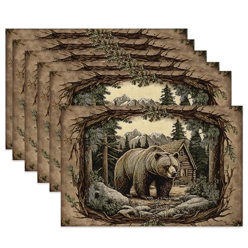 Forest Bear Cloth Placemats,Vintage Wildlife Heat-Resistant Table Placemats Set of 6, Washable Linen Place Mats for Dining Room Table Decor Home Restaurant Cafes Holiday Party 11.8x17.7 Inch