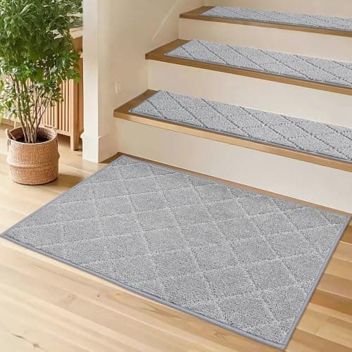 COSY HOMEER Edging Stair Treads Non-Slip Corner Indoor Stair Runners for Wooden Steps,Landing Slip Resistant Stair Rugs for Kids and Dogs, 100% Polyester TPE Backing,Grey,20"X32"