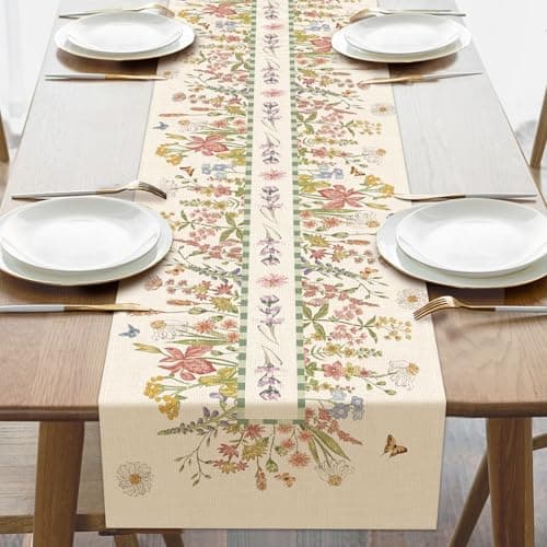 Croar Spring Summer Floral Dining Table Runner, Vintage Flower Botanical Burlap Kitchen Decoration, Wildflower Farmhouse Indoor Outdoor Home Decor Party Supply 13 x 72 Inches