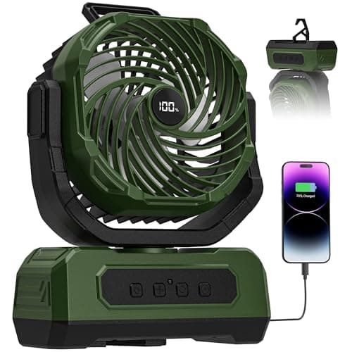 PANERGY Camping Fan Rechargeable,20000mAh Cordless Battery Powered Oscillating Fan with RGB Light & Remote,4 Timer & Hanging Hook for Indoor,Outdoor,Travel,Camping,BBQ,Jobsite,Picnic-Green