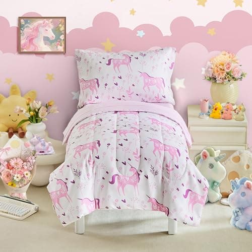 Uniorn Toddler Bedding Set for Girls Light Pink Colorful Unicorn 4PC Toddler Bed Set - Soft Pink Flowers Cute Princess Toddler White Bed in a Bag with Pink Sheet Set and Pillow Shams