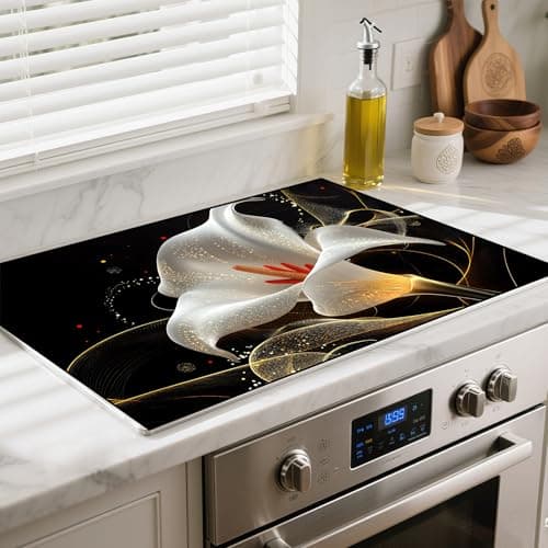 BSFHH Heat-Resistant Glass Stove Top Cover with Anti-Slip Rubber Coating – Electric Stove Protector, Scratch-Resistant, Counter Space Decor Mat (Calla Lily, 28.5"L x 20.5"W)