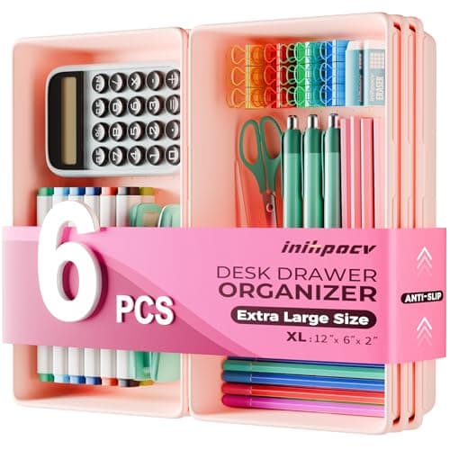 inihpocv [6 PCS Extra-Large] Pink Drawer Organizer Trays with Non-Slip Pads, Interlocking Storage Bins for Vanity, Desk, Bathroom, Kitchen, Home Office and Utility Drawers