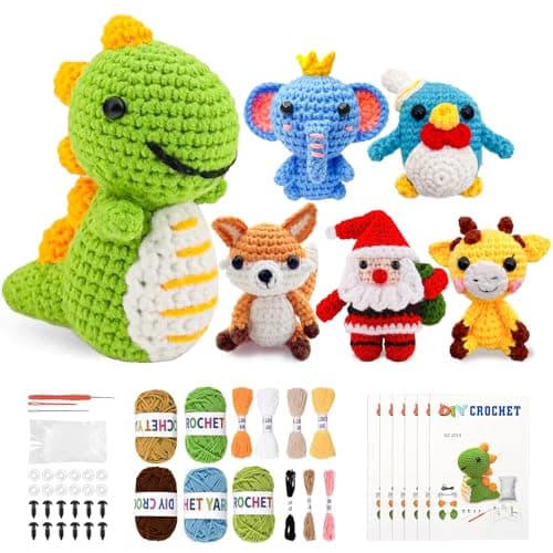 kacistech 6 Pack Christmas Crochet Kit for Beginners Adults & Kids, Animal Crochet Patterns with Video Tutorial, DIY Starter Kit Includes Yarn, Hook, Gift for Craft Lovers