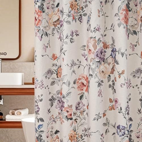Vintage Floral Shower Curtain 72x84, Lightweight Faux Linen Fabric Bathroom Curtains, Shabby Chic Purple and Pink Rose Cottagecore Bathroom Decor (Oatmeal/Pink Violet)