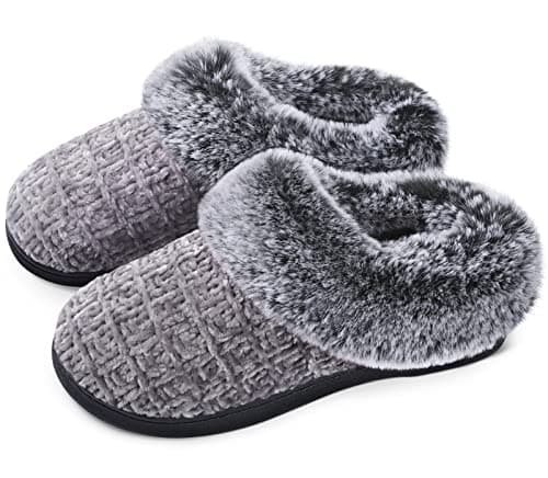 DL Women's House Slippers with Fuzzy Plush Faux Fur Collar, Memory Foam Slip on House Shoes with Indoor Outdoor Anti-Skid Rubber Sole, Grey, 11-12