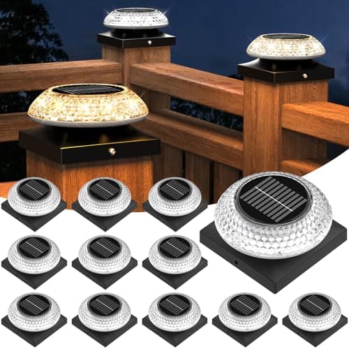 Hiromeco 4x4 Solar Post Cap Lights 12 Pack: Fence Post Solar Lights with 3 Lighting Modes & Round Lampshade - Waterproof Outdoor Deck Post Light for Garden/Patio/Porch (Black)
