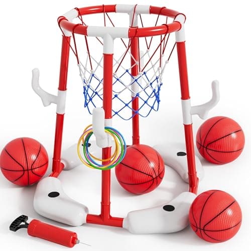 AIBEIQITOY Pool Basketball Hoop for Kids 4-8 8-12, 2 in1 Floating Basketball Hoop Set with 4 Balls,12 Rings&Pump, Swimming Pool Basketball Water Toys for Summer Outdoor Family Party Game Toys