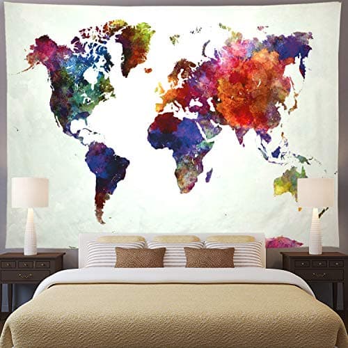 Ameyahud World Map Tapestry Classroom Watercolor World Map Tapestries Educational Geography Tapestries Colorful Painting National World Tapestry Wall Hanging Decor for Bedroom