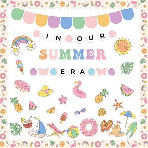 CPicdn Summer Bulletin Board Decorations 126Pcs, in Our Summer Era Cutouts Border Trims Hawaiian Sun Beach Name Tags for Classroom Home School Tropical Pool Party Supplies Chalkboard Wall Door Decor